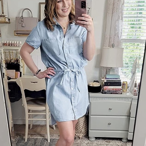 Casual Denim Dress Short Sleeve Tie Waist - Picture 2 of 4